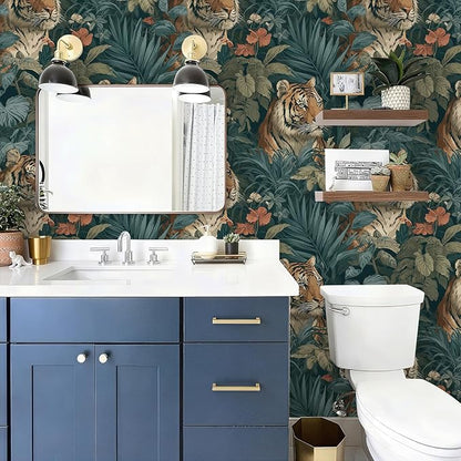 Jungle Peel and Stick Floral Bird Contact Paper Fierce Tiger Removable Botanical Leaf Wallpaper 17.7" x 118.11" Wall Paper Watercolor Self Adhesive for Classroom Bedroom Laundry Room Bathroom