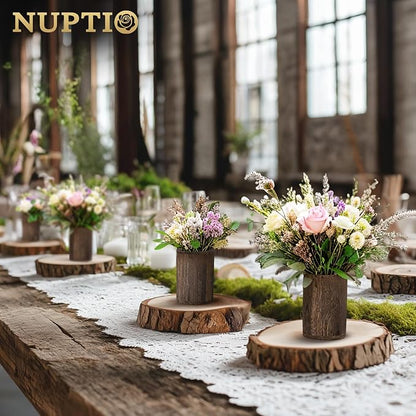 NUPTIO Wood Vases Rustic Centerpiece: 6 Pcs 5.1" Wooden Vase for Home Decor - Brown Small Vase for Wedding Table Living Room Shelf Decor
