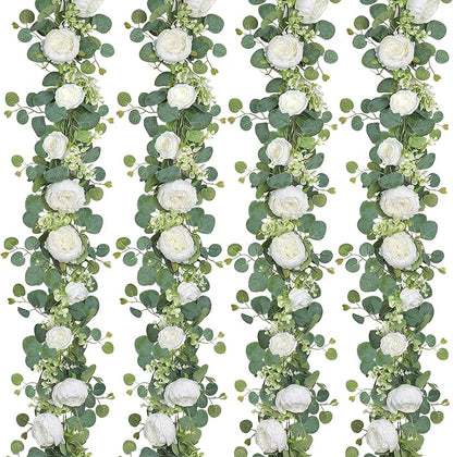 SOMYTING Artificial Flower Garland, Artificial Rose Vine Fake Flower Garland Silk Rose Peony Hanging Vine Faux Floral Garlands for Wedding Party Arch Table Wall Backdrop Decoration (White, 4PCS)