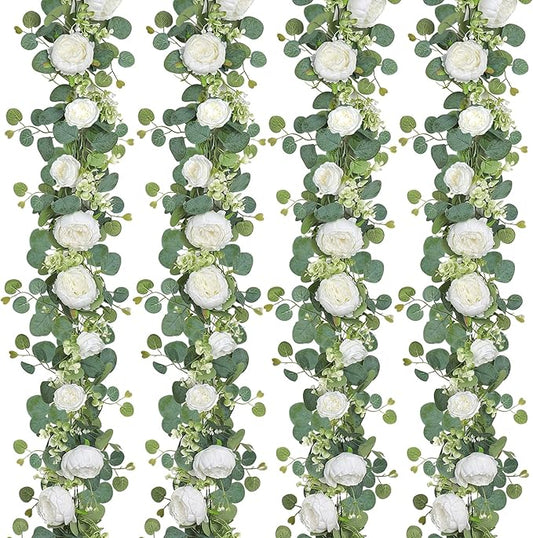 SOMYTING Artificial Flower Garland, Artificial Rose Vine Fake Flower Garland Silk Rose Peony Hanging Vine Faux Floral Garlands for Wedding Party Arch Table Wall Backdrop Decoration (White, 4PCS)