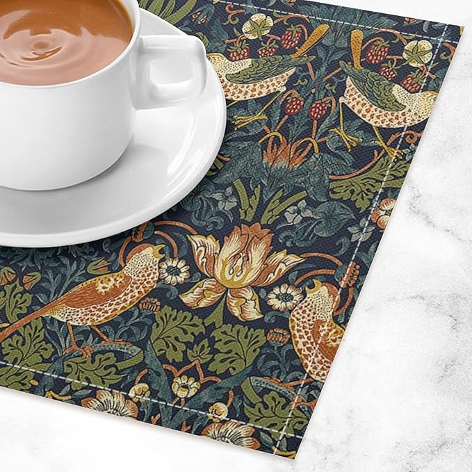 William Morris Floral Placemats Set of 4, Vintage Flower Strawberry Birds Green Place Mats, Heat Resistant Non Slip Cotton Linen Dining Table Mats for Home Kitchen Party 18x12 Inch