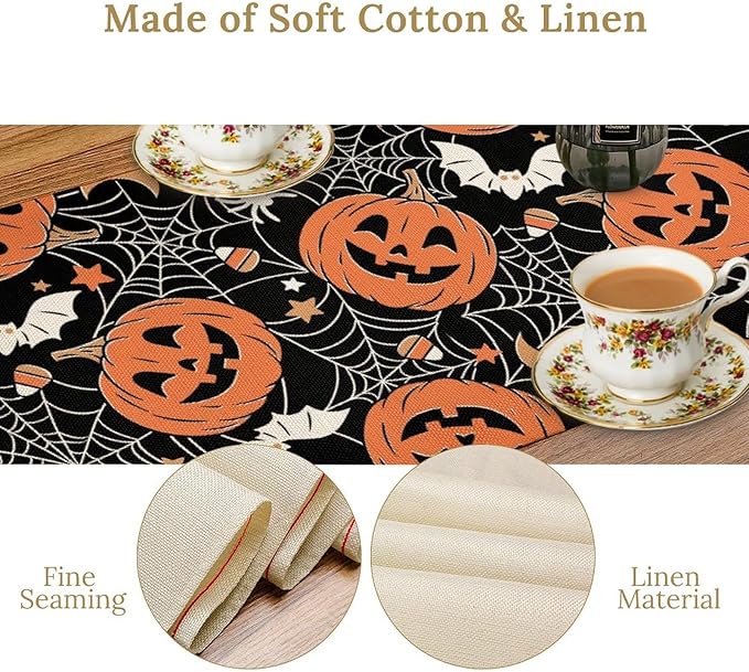 Bat Table Runner,Halloween Pumpkin Spider Web Table Runner for Home Kitchen Table Dining Garden Farmhouse Wedding Party Decor 13x120 Inch