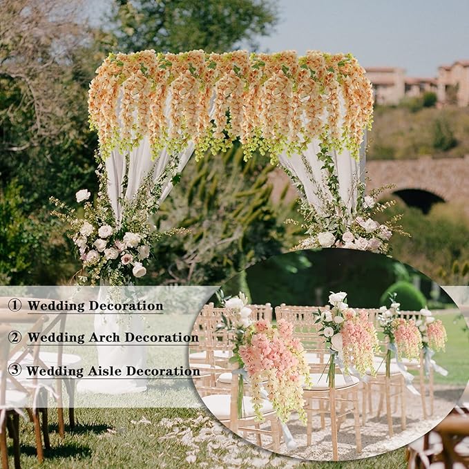 Dailisen 3 Strands 40'' Silk Amber Wisteria Artificial Flowers, Fake Wisteria Floral Hanging Plant Garland, for Home Decor, Party, Floor Vase, Balcony, Wedding Arrangement Decoration (Amber)