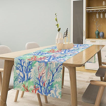 Summer Shell Starfish Table Runner, Seasonal Spring Summer Tropical Ocean Beach Indoor Party Kitchen Outdoor Table Decor 13x70 Inch