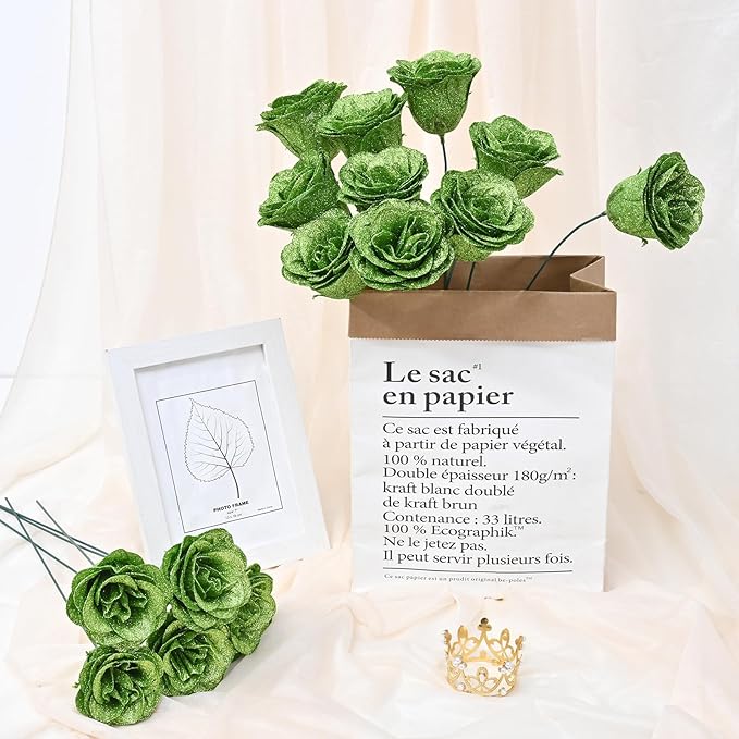 Waipfaru Glitter Roses Bouquet, DIY Green Fake Flowers Bouquet, Birthday Gifts for Women Mom, 36 Pcs Rose for Wife Girlfriend Valentines, Mothers Day, Graduation, St. Patrick's Day