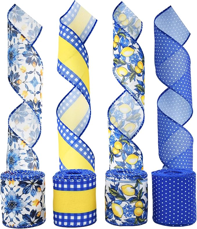 4 Rolls Lemon Wired Edge Ribbon - 2.5 Inch Wide, 20 Yards Total, Summer Yellow Lemon Print Wired Edge Set, Fashionable Grosgrain Craft Ribbon for Gift Wrapping, Hair Bundles, Party Decorations