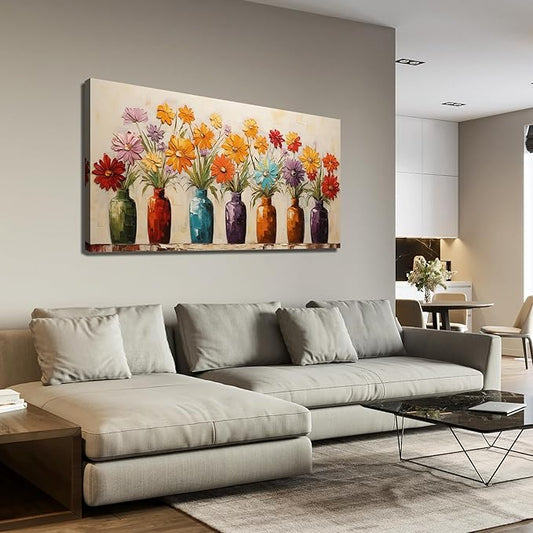 Colorful Daisy Floral Canvas Wall Art, Modern Abstract Flower in Vase Pictures for Living Room Bedroom Office Wall Decor, Horizontal Printed Painting Artwork Home Decorations, Size 40x20 Inches