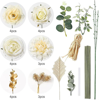 YYHUAWU Artificial Flowers Combo Box Set Gradient Color Flower Leaf with Stems for DIY Wedding Bouquets Centerpieces Baby Shower Party Home Decorations Ivory