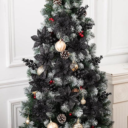 24Pcs Black Glitter Poinsettia Christmas Tree Ornaments and Glitter Berries Stems, 16Pcs Christmas Artificial Flowers and 8 Pack Christmas Tree Picks for Wedding Holiday Decorations
