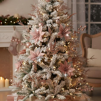 60 Pcs Christmas Glitter Branches 6 Styles Artificial Christmas Picks Berries Stems Poinsettia Flowers Pine Needles Floral Twig Spray for Xmas Tree Ornaments DIY Wreath Garland(Rose Gold)