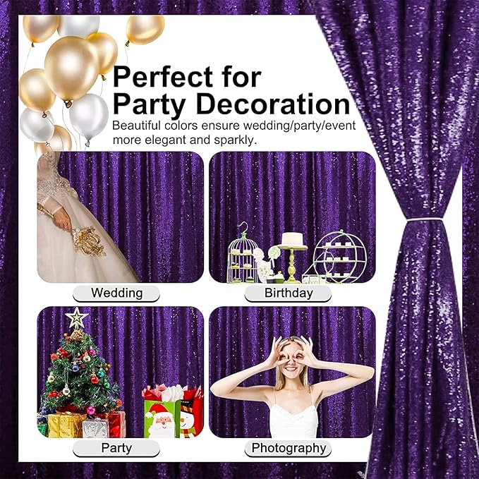 Purple Sequin Backdrop Curtains 2FTx8FT 4 Panels Purple Sequin Curtains for Parties Glitter Backdrop Photo Background for Wedding Baby Shower