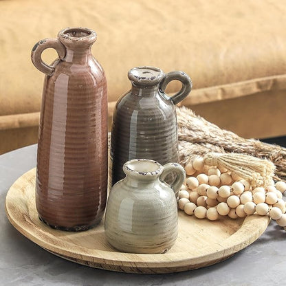 Ceramic Vases Set of 3, Neutral Rustic Farmhouse Vase with Handle, Decorative Flower Vases Home Decor Modern Boho Pampass Vase for Table Mantel Entryway Shelf Living Room Kitchen Bathroom - Brown