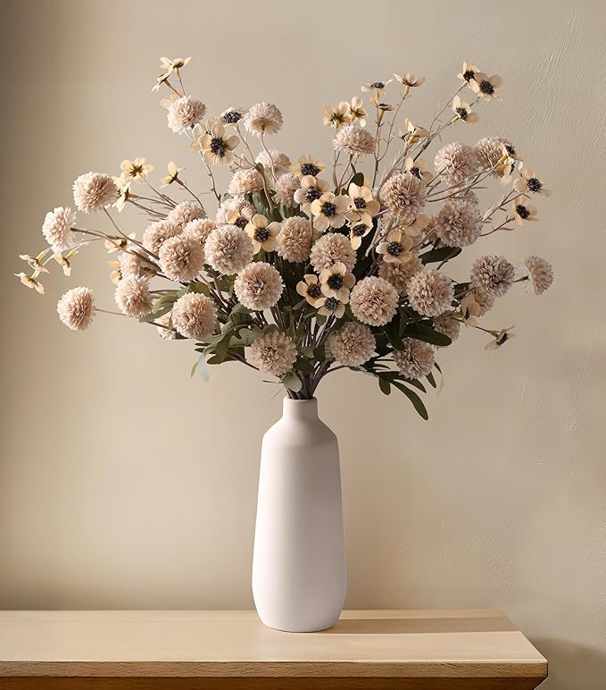 HyeFlora Fake Kiku Flowers,Faux Silk Pompon Mums 40heads Artificial Flowers,Chrysanthemum Stems Floral Arrangement Dried Flowers Vintage Decorative Indoor Home Vase Decor Beige with Wax