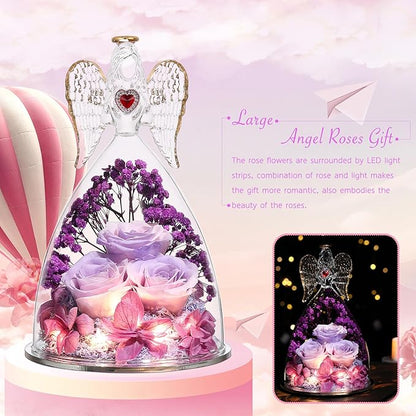 Mothers Day Rose Gifts for Women, Large Angel Figurines with Real Roses, Preserved Real Flower Rose for Her, PinkPurPur