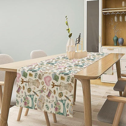 Sewing Theme Table Runner,Vintage Sewing Machine Tool Watercolor Pattern Print Tablecloth Burlap for Hotel Indoors Outdoor Dining Room Kitchen Home Decor,W13X L60 in