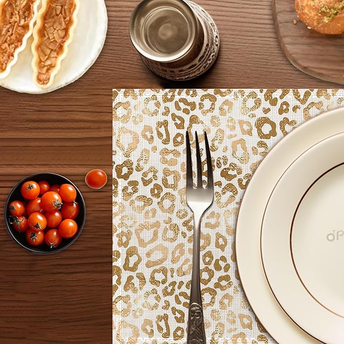 Gold Black Leopard Placemats Set of 6,Washable Heat Resistant 12×18 Inch Linen Table Mats White Gold Place Mats for Party Outdoor Dining Décor