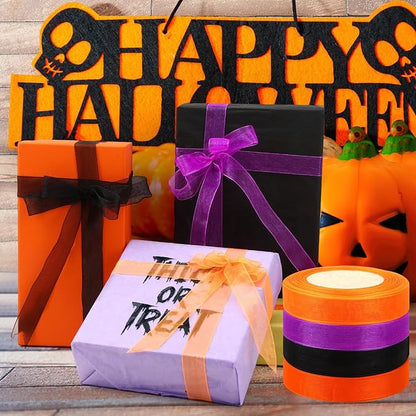 DECYOOL 4 Rolls 200 Yards Halloween Ribbons for Gift Wrapping, 4/5" Wide Halloween Organza Ribbons Orange Purple Black Ribbon for Party Home Decoration DIY Crafts
