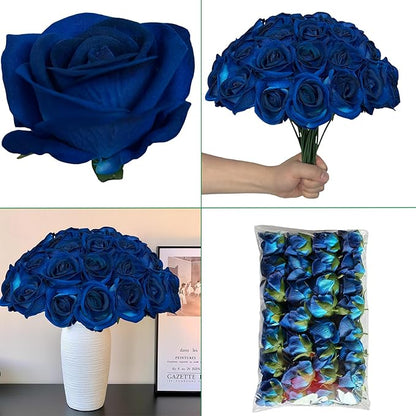 FagusHome 30 Pcs Silk Rose Artificial Flowers Roses Bulk Bouquet Fake Flowers Rose Heads with Stems for Home Wedding Decor (Dark Blue)