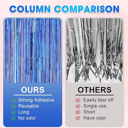 4 Pack Blue Foil Fringe Backdrop Curtains, Tinsel Streamers Birthday Party Decorations, Fringe Backdrop for Graduation, Baby Shower, Gender Reveal, Disco Party