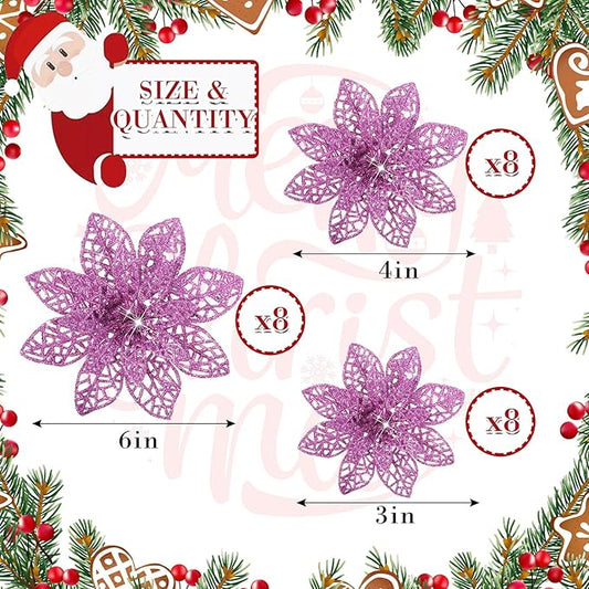 Boao Light Purple 24 Pieces Poinsettia Flower Christmas Glitter Artificial Poinsettia with Clips Christmas Tree Ornament Decorations for DIY Xmas Wreath Holiday Home Party Decor, 3/4/6 Inches