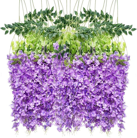 Artificial Flowers Hanging Flowers, Fake Wisteria Flower Garland Silk Vines Rattan String Decor for Home Wedding Arch Wall Garden Greenery Bedroom Outdoor Office Party Decoration (12, Light Purple)