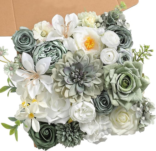 Green Artificial Flowers Combo Set Fake Flower Leaf Box with Stemst for DIY Wedding Bridal Bouquet, Centerpieces, Home Decor, Floral Arrangement Decor(Forest Green)