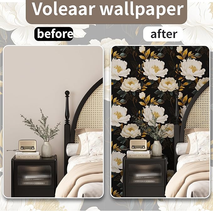 Extra Long Dark Floral Peel and Stick Wallpaper, 17.5In x 393In Vintage Big Peony Flower Waterproof Wallpaper for Room Cubicle Drawer, Vinyl Removable Contact Paper Wall Decor Black White