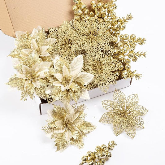 24Pcs Christmas Poinsettia Artificial Flowers and Glitter Berries Kit, 2 Styles Total 16Pcs Christmas Tree Flowers Ornaments, 8Pcs Christmas Tree Picks for Wedding Holiday Decorations, Gold