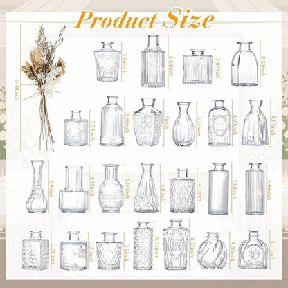 Yerliker 24pcs Glass Bud Vase Set with 24pcs Dried Flower Bouquet, Small Glass Vase Clear Bud Vases in Bulk and Boho Dried Flower Bouquet for Centerpieces Rustic Wedding Decor Home DIY Craft