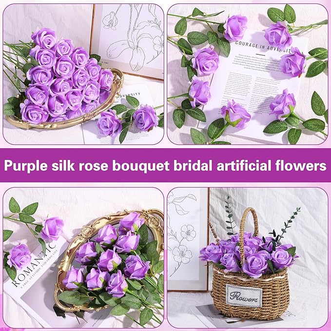 80 Pcs Roses Artificial Flowers, Silk Purple Artificial Flowers Petals Long Stem Roses for Wedding Bouquet Home Party Decor