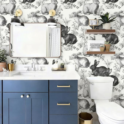 Floral Peel and Stick Vintage Animal Wallpaper Rabbit Removable Botanical Leaf Sketch 17.7" x 236.22" Wall Paper Self Adhesive Contact Paper for Classroom Bedroom Laundry Room Bathroom