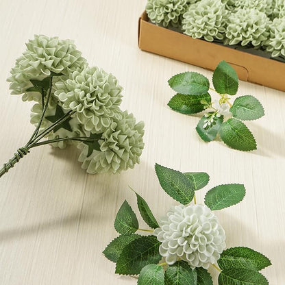 Artificial Flowers, Realistic 50pcs Artificial Rose for DIY Wedding Bouquets Centerpieces Arrangements, Sage Green Dahlia Flowers with Stem for Bridal Shower Party Home Decorations