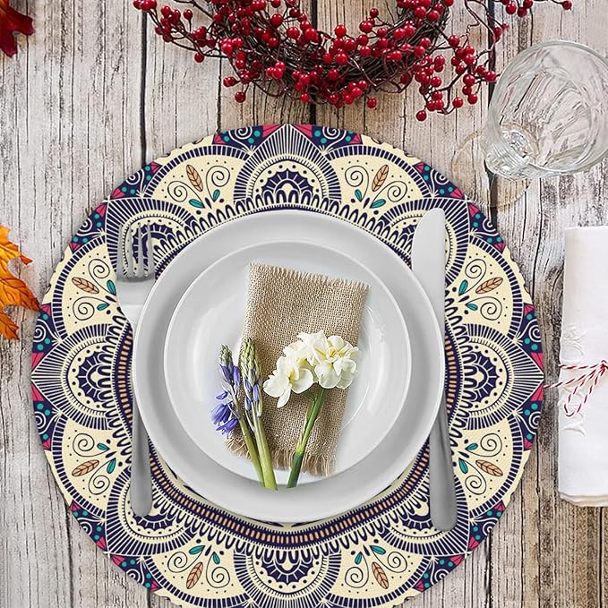 Mandala Round Placemat Set of 4 Elegant Linen Table Mats for Dining, Heat Resistant, Stain Resistant Perfect for Dinner Parties, Restaurants, and Everyday Use
