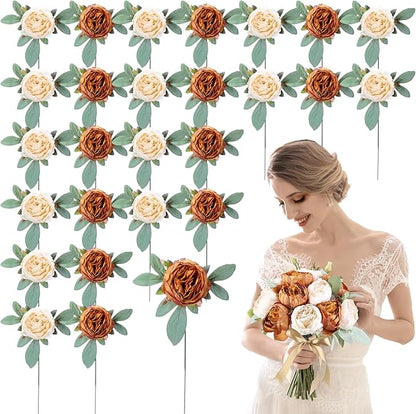 Zeyune 50Pcs Wedding Artificial Peonies 4 Inch Fake Silk Peony Faux Artificial Valentine Flower Bulk Rose Flower Head for Valentine Decoration Vintage Wedding Home Office(Orange and Milky White)