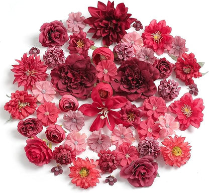 Artificial Flowers Heads Combo Red Flowers Mix Silk Flowers Heads Bulk Faux Rose for Craft Garland Graduation Cap Wedding Bridal Baby Shower Home Party Decoration DIY Cake Decor