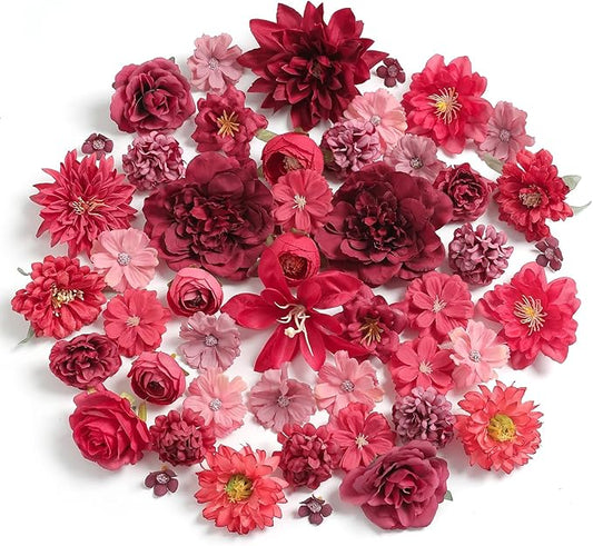 Artificial Flowers Heads Combo Red Flowers Mix Silk Flowers Heads Bulk Faux Rose for Craft Garland Graduation Cap Wedding Bridal Baby Shower Home Party Decoration DIY Cake Decor