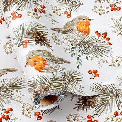 MAYPLUSS Christmas Wrapping Paper Roll - 17 In x 33 Feet - Cute Watercolor Bird Pinecone Gift Wrap Paper for New Year, Holiday, Kids