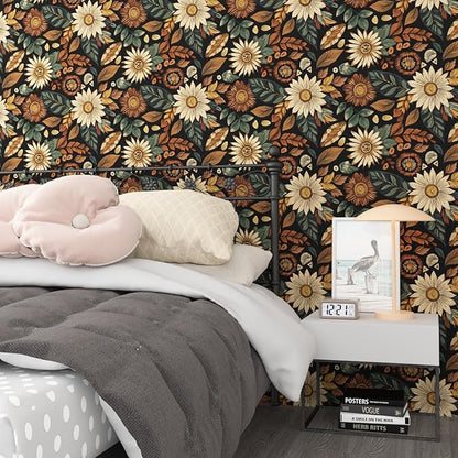 Vintage Boho Wallpaper Peel and Stick,Black Brown/Green Floral Contact Paper 17.5" x 393.7", Retro Flower Botanical Wall Paper Self Adhesive Removable Waterproof for Walls Shelves Cabinet Table Decor