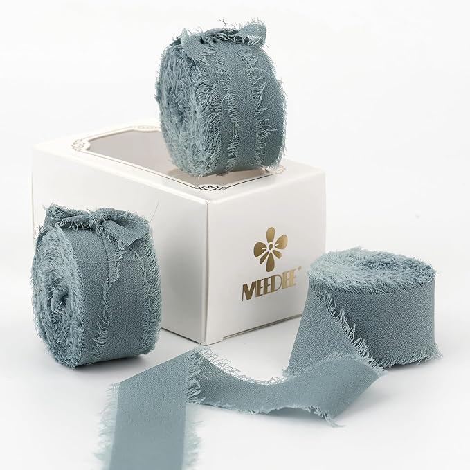 MEEDEE Slate Blue Chiffon Ribbon 1 Inch Fringe Ribbons Dusty Blue Chiffon Silk Frayed Edge Ribbon Thin Chiffon Ribbons for Crafts, Gift Wrapping, Wedding Invitation (3 Rolls 21 Yards)