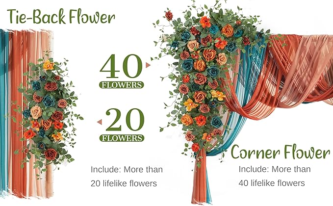 Wedding Arch Flowers with Drapes Kit (Pack of 5) - 2pcs Artificial Teal Orange Fall Deluxe Swag with 3pcs Sheer Drapes for Wedding Ceremony Arbor Reception Backdrop Rose Floral Decoration
