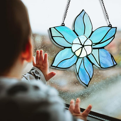 Stained Glass Window Hanging - Blue Christmas Flower Suncatcher for Doors Garden Kitchen Floral Sun Catchers Home Decor Birthday Holiday for Women Aunt Mom Nana Gardener