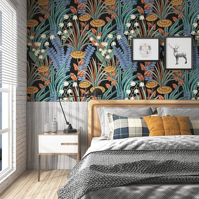 Boho Floral Wallpaper Peel and Stick, Vintage Botanical Wall Paper, Self Adhesive Wall Mural 17.5" x 78.7" Tropical Retro Contact Paper Waterproof for Bedroom Walls Cabinet (Black, Orange, Blue)