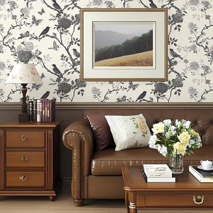 Vintage Peel and Stick Floral Bird Contact Paper Butterfly Removable Botanical Leaf Tree Wallpaper 17.7" x 118.11" Wall Paper Sketch Self Adhesive for Classroom Bedroom Laundry Room Bathroom