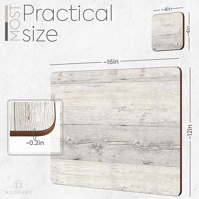 Set of 4 Heat Resistant Cork Placemats for Dining Table with Free Set of 4 Matching Drink Coasters Cork Wood Design Print 16 x 12 Inches Cork Backed Hard Placemats (White Driftwood)