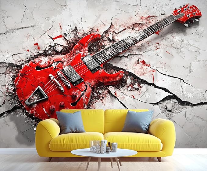 Red Electric Guitar Wall Mural, Grunge Style Guitar 3D Wall Murals, Rock Music 3D Explosion Wallpaper Mural, for Living Room Bedroom Large Wallpaper Indoor Decor 137.8" W x100 H
