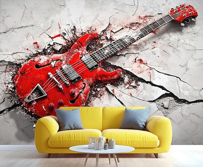 Red Electric Guitar Wall Mural, Grunge Style Guitar 3D Wall Murals, Rock Music 3D Explosion Wallpaper Mural, for Living Room Bedroom Large Wallpaper Indoor Decor 137.8" W x100 H