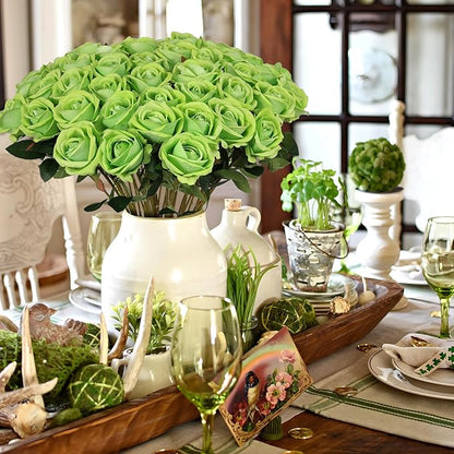 Hananona Artificial Roses in Bulk, Fake Silk Roses Realistic Green Roses for Wedding Centerpieces Flower Arrangement St Patricks Day Home Decor (50, Light Green)