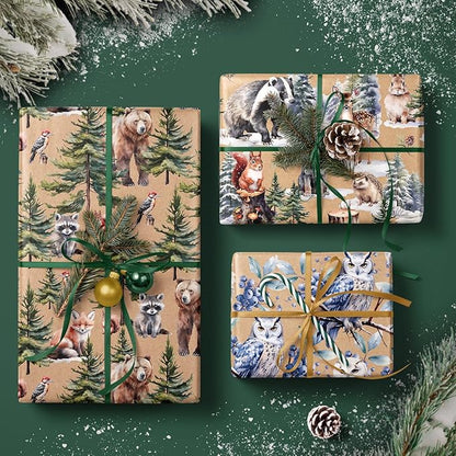 WRAPAHOLIC Kraft Christmas Wrapping Paper Roll - Mini Roll - 3 Rolls - 17 Inch x 120 Inch Per Roll - Wild Animals Winterfall Watercolor Holiday Collection