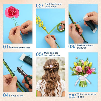 161 PCS DIY Wrist Corsage Making Kit with 5P Wrist Corsage Bracelets, Floral Wire and Cutter, Floral Tape, Pin, Ribbon for Wedding Party Boutonniere Supplies