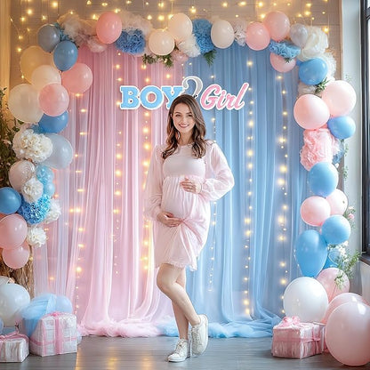 10x10ft Pink Blue Tulle Backdrop Curtain with Lights String for Parites, Sheer Backdrop Curtains for Wedding Baby Shower Birthday Party Photo Shoot Decorations